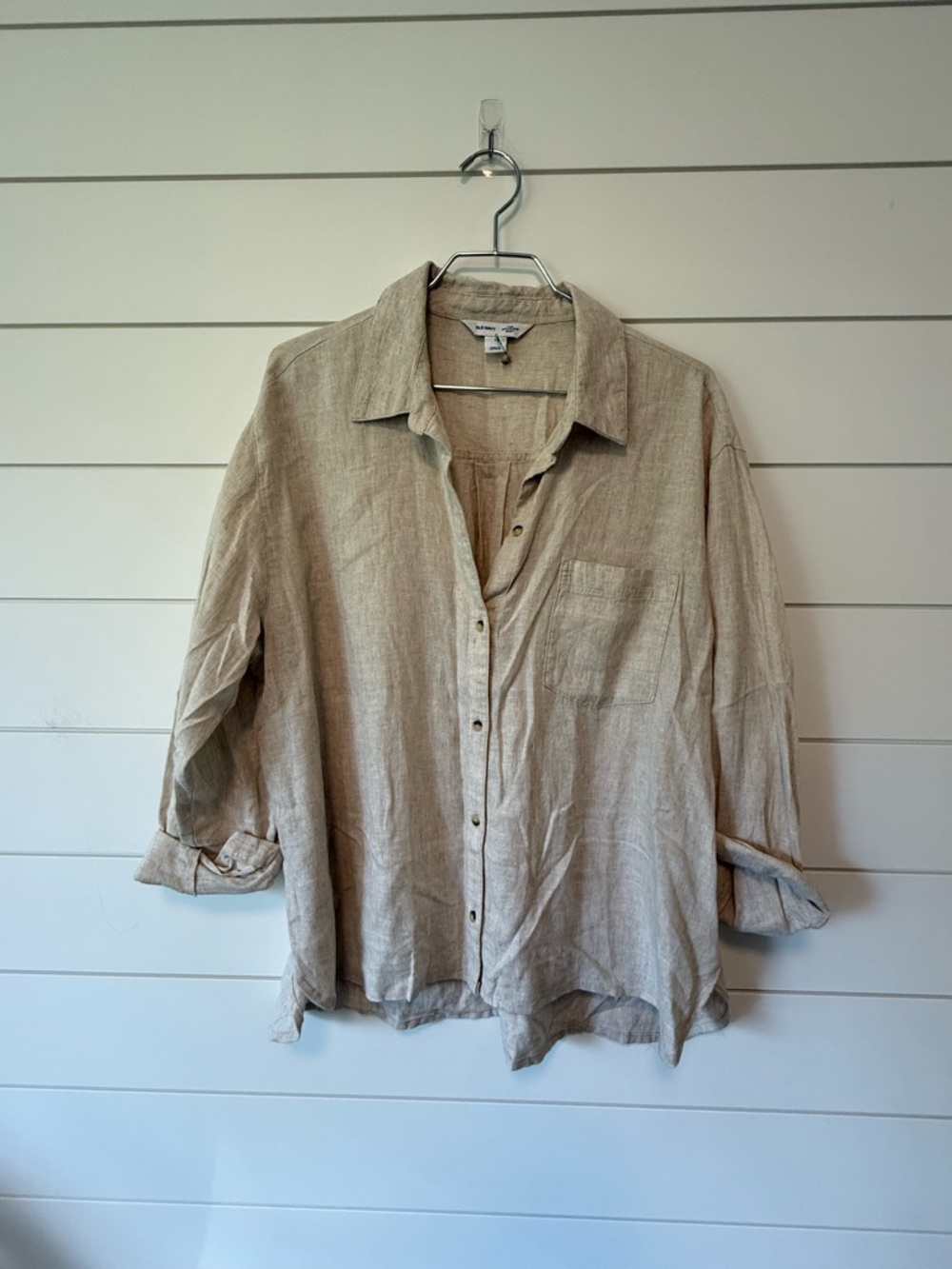 Old Navy Lightweight Linen Button-Up Shirt in Natural Beige Size L